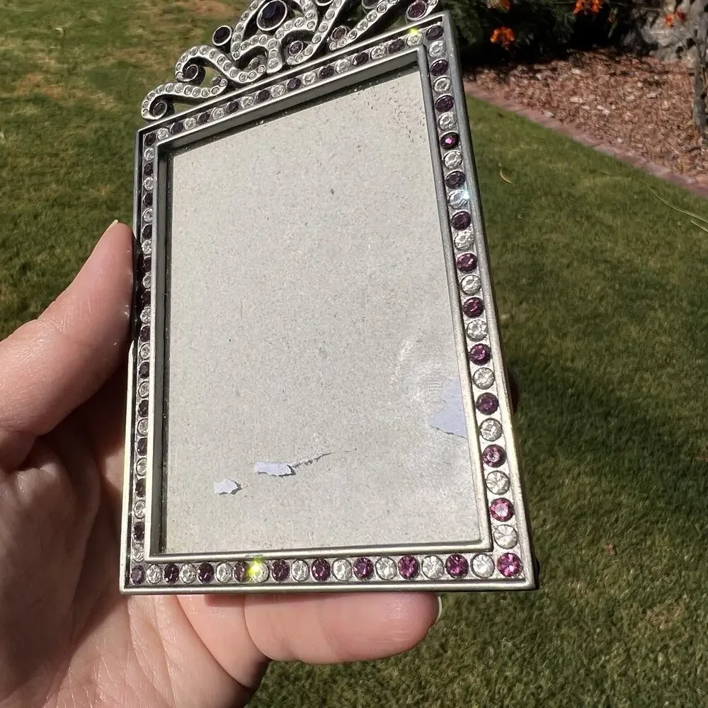 Vintage Elsa L 1999 Ornate Clear/Purple Rhinestones Pewter? Picture Frame 5”x3”